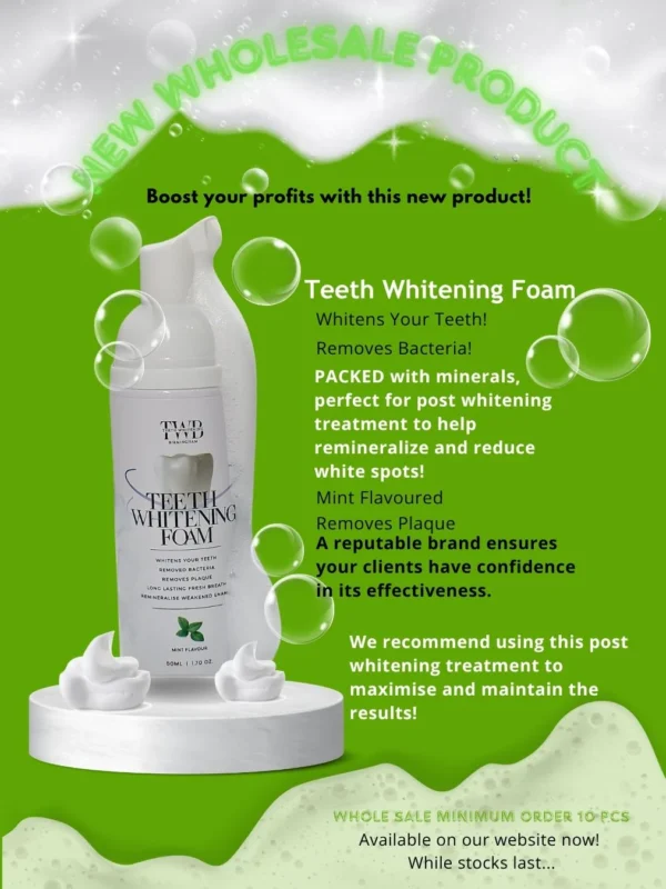 This teeth whitening foam employs the whitening qualities of coconut oil and fresh mint! Make an extra £20-£25 per client with this amazing whitening product! Your clients will love this soft and gentle whitening foam – perfect for post treatment!